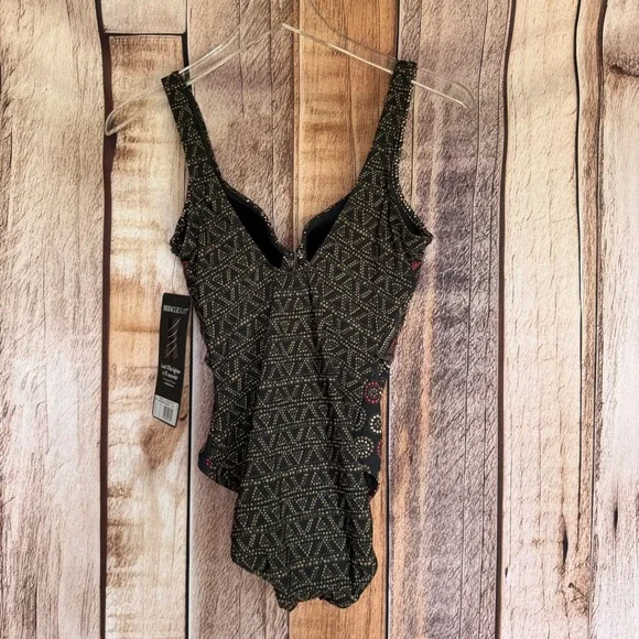 Miraclesuit Criss Cross Escape One Piece Swimsuit Bronze Tummy Control Sz 10 NWT - Picture 2 of 4